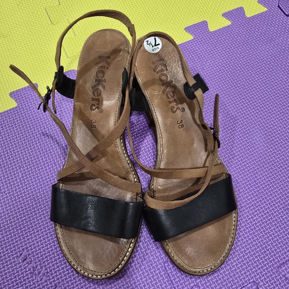 Kickers Women's Leather Wedge Sandals Strappy Black‎ Brown Cork Heel Shoes...